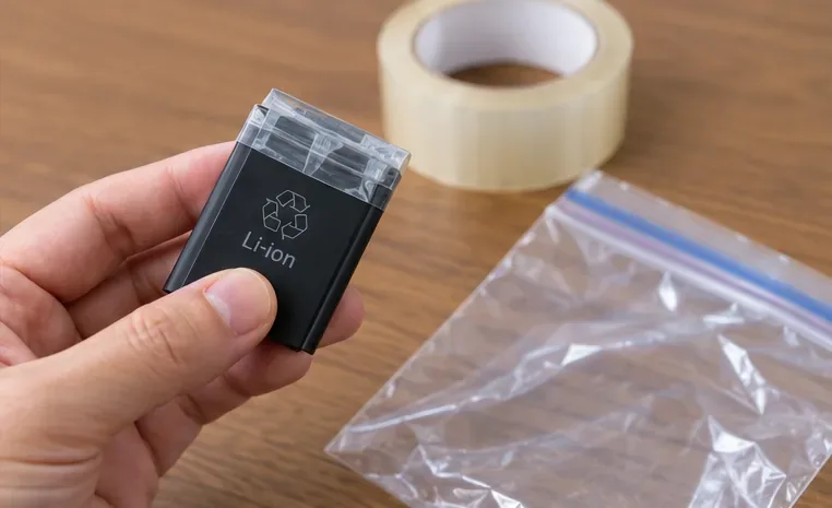 Li-ion表示のある小型バッテリーの金属端子を透明なテープで覆っている手元