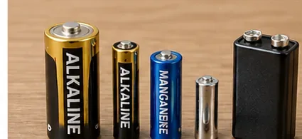 木製の台の上に並んだ円筒形のアルカリ乾電池、マンガン乾電池と9V形電池