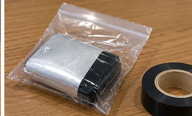膨らんだモバイルバッテリーの端子側を黒いテープで覆い、透明袋に入れている様子