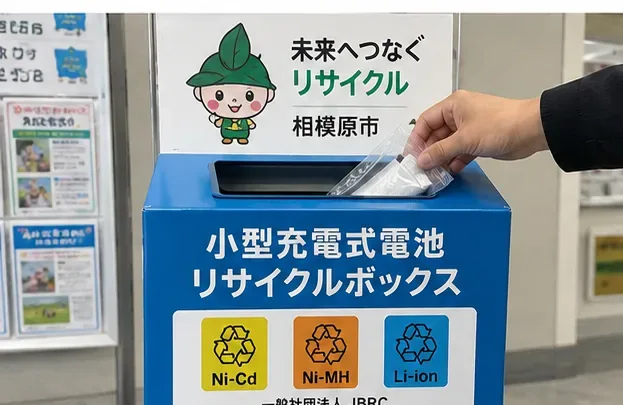 小型充電式電池用の回収ボックスへ袋入りのバッテリーを入れようとしている様子