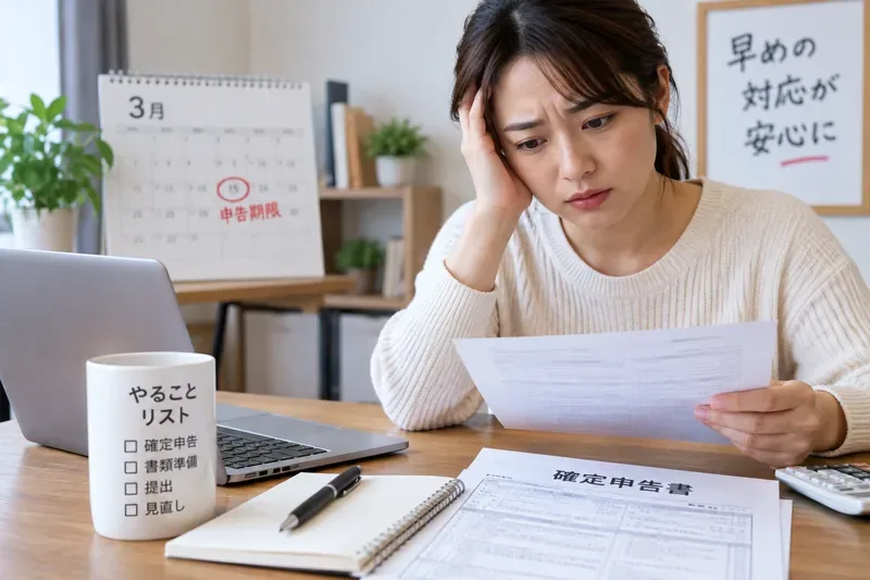 確定申告の期限を過ぎたことに気づき、カレンダーと申告書を見ながら状況を確認する人