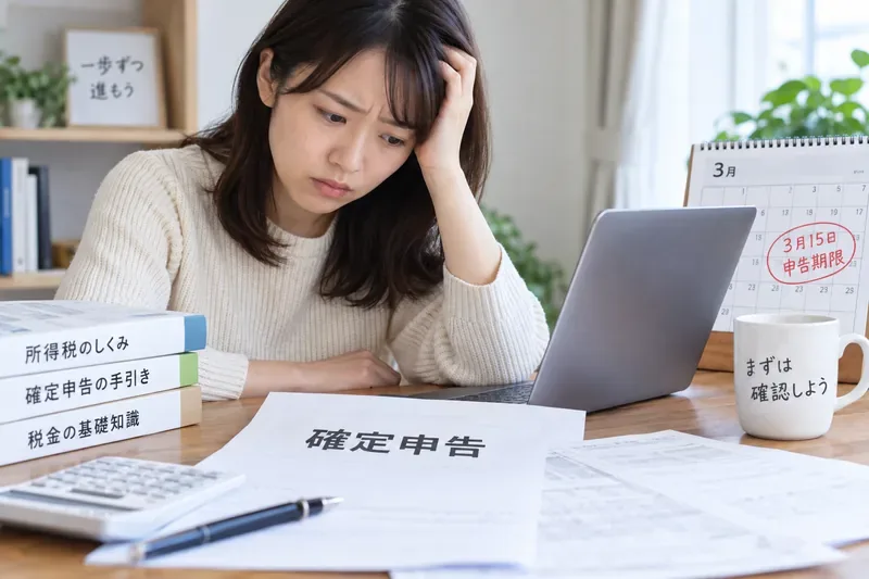 ノートパソコン、確定申告書、電卓を使って申告内容を確認している人