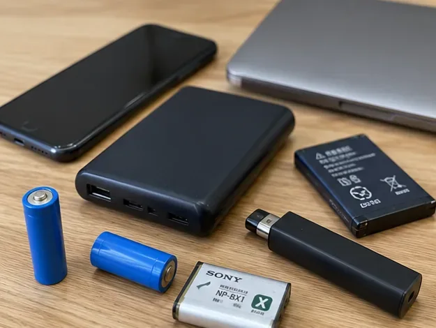 スマートフォン、モバイルバッテリー、円筒形セル、カメラ用電池など、リチウムイオン電池が使われる製品と電池の例