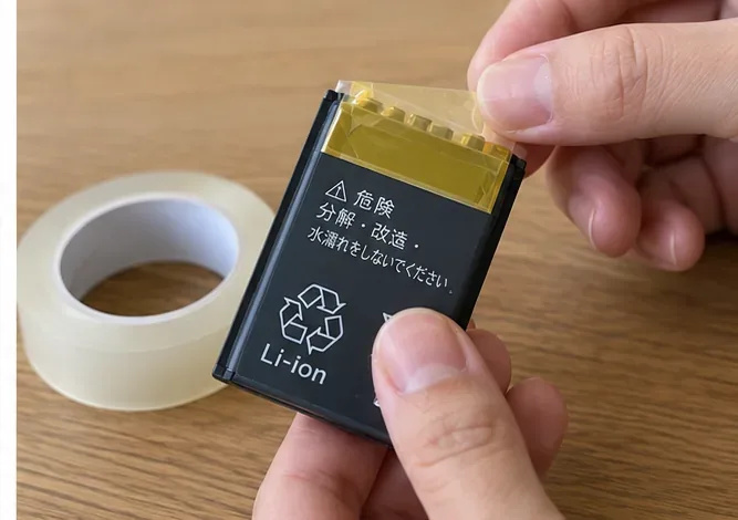 取り外し式のリチウムイオン電池の金属端子部分に透明なテープを貼って絶縁している手元