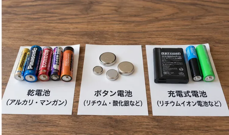 乾電池、ボタン電池、充電式電池を種類別に分けて並べた例