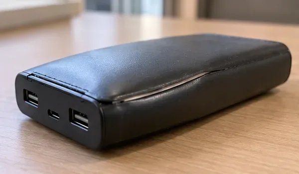 ケース中央が盛り上がり、継ぎ目が開いた膨張状態の黒いモバイルバッテリー