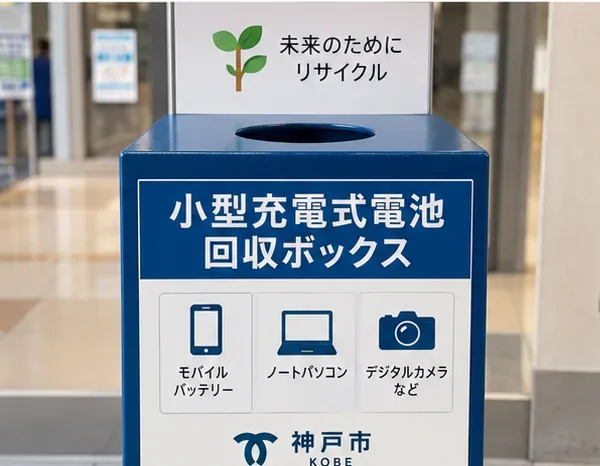 神戸市の表示がある小型充電式電池回収ボックス