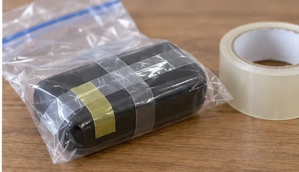 膨張したモバイルバッテリーの端子周辺をテープで覆い、透明な袋に入れた状態