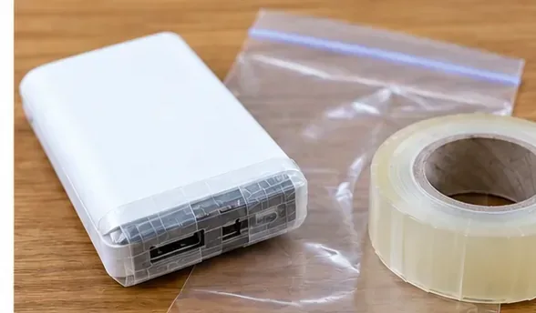 モバイルバッテリーのUSB端子部分を透明なテープで覆い、横にビニール袋とテープを用意している様子