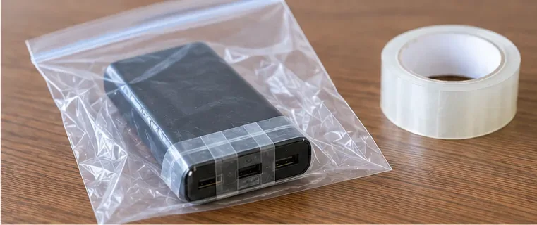 モバイルバッテリーのUSB端子部分を透明なテープで覆い、持ち込み前に絶縁している様子