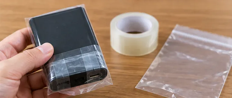 端子をテープで絶縁したモバイルバッテリーを透明な袋に入れて持ち運ぶ準備をしている様子