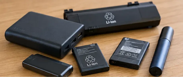 モバイルバッテリーや取り外し式のリチウムイオン電池など、形の異なる小型充電式電池を机の上で確認している様子