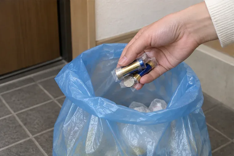 絶縁済みの乾電池を袋に入れようとしている手元