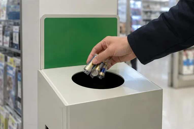 店舗内の回収ボックスへ絶縁済み乾電池を入れようとしている手元