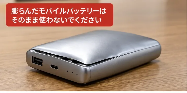 木製の机の上で外装が大きく膨らみ、ケースに隙間ができた銀色のモバイルバッテリー