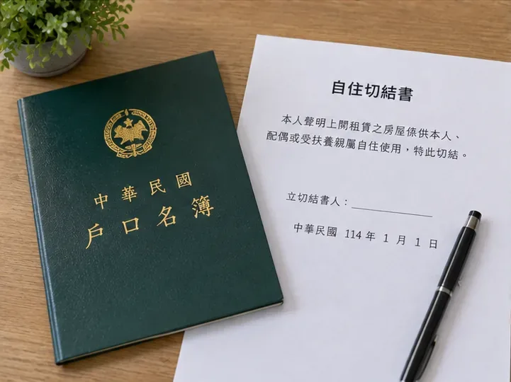戶口名簿與自住切結書放在桌上，示意可用戶籍資料或切結方式證明租屋自住。