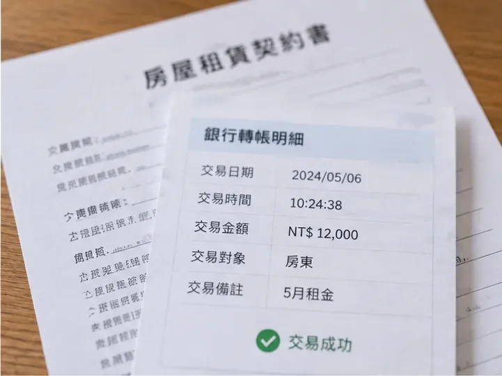 房屋租賃契約旁放著銀行轉帳明細，清楚顯示租金交易金額與付款成功資訊。