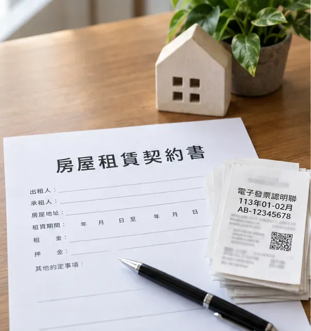 桌上放著房屋租賃契約與租金相關單據，旁邊有房屋模型與筆，示意申報前先整理租賃文件。