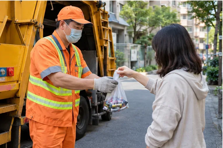 住宅區路旁，民眾將裝有廢電池的透明袋交給資源回收車工作人員