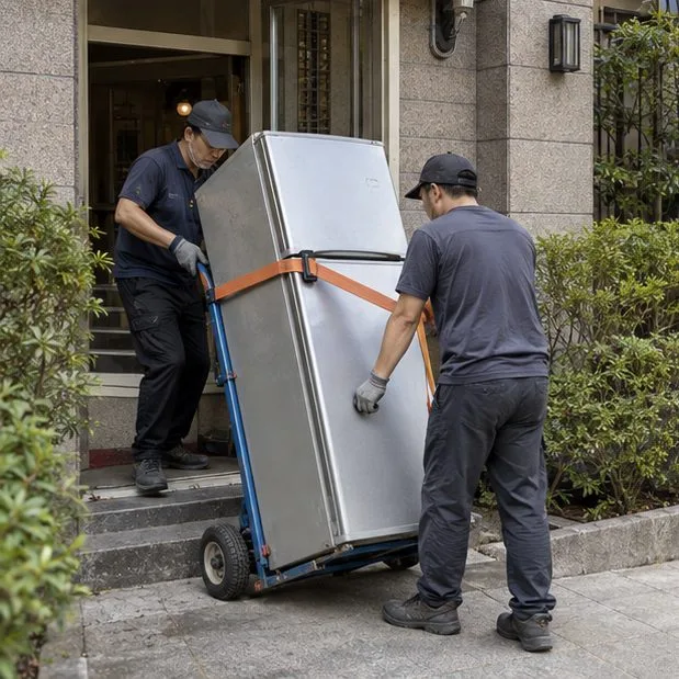 兩名工作人員使用手推車與固定帶，從住宅入口安全搬運一台冰箱