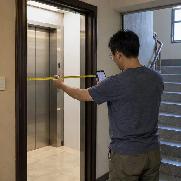 住戶在電梯與樓梯入口測量通道寬度並查看手機，準備確認冰箱搬運路線