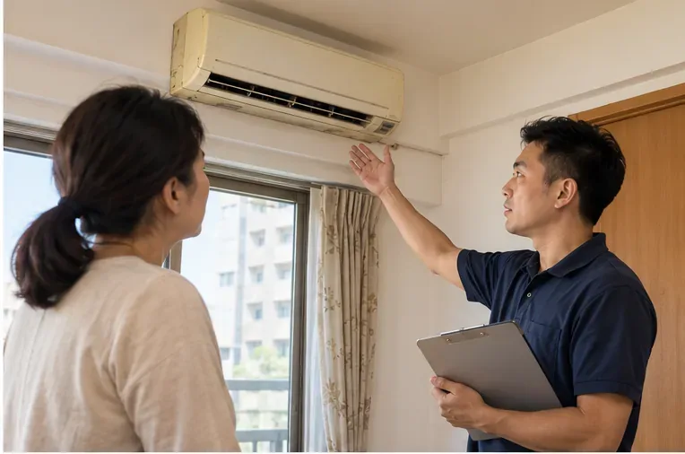 住戶與冷氣技術人員在室內查看舊冷氣，示意安裝新機前先確認回收與拆機條件