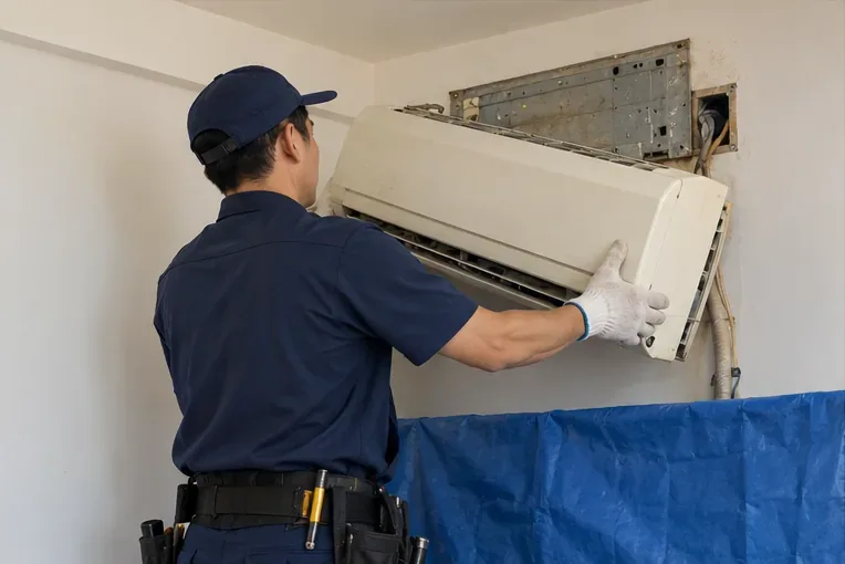 穿著工作服與手套的技術人員正在拆下壁掛式冷氣室內機，牆面下方有保護覆蓋