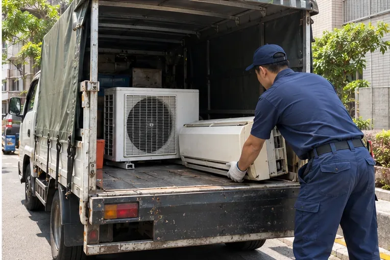 工作人員將拆下的冷氣室內機與室外機搬上有遮棚的貨車，示意完整交付清運回收