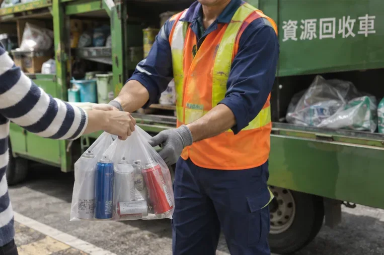 民眾把裝有已排空噴霧罐的袋子交給資源回收車旁的清運人員