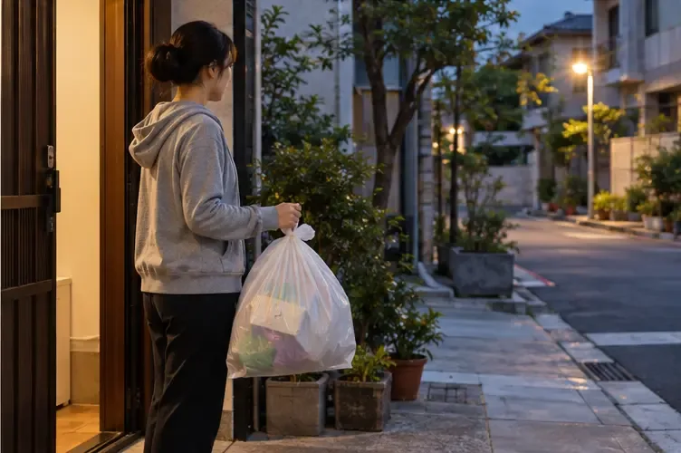 住戶在住宅門口手提綁好的垃圾袋，準備依清運時間前往收運點