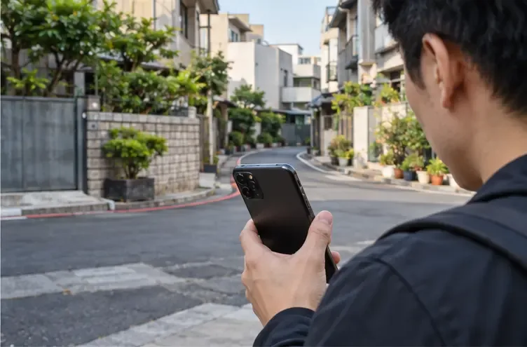 住戶站在竹北住宅街道旁查看手機，周圍可見住宅、路面與植栽，手機畫面不可辨識