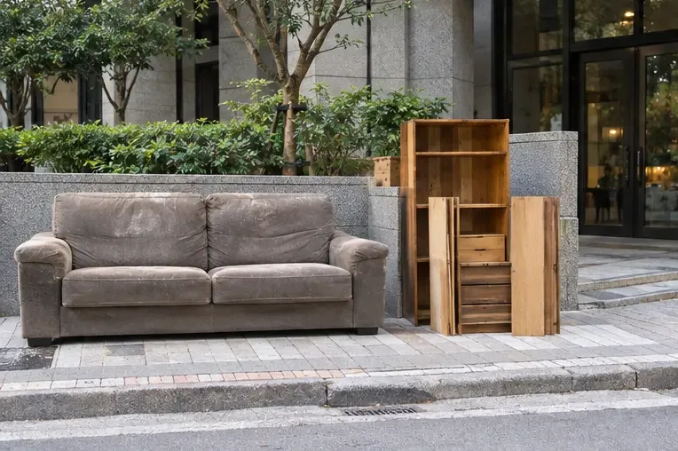 沙發與拆開的木製家具整齊放在建築物入口旁，沒有堵住車道