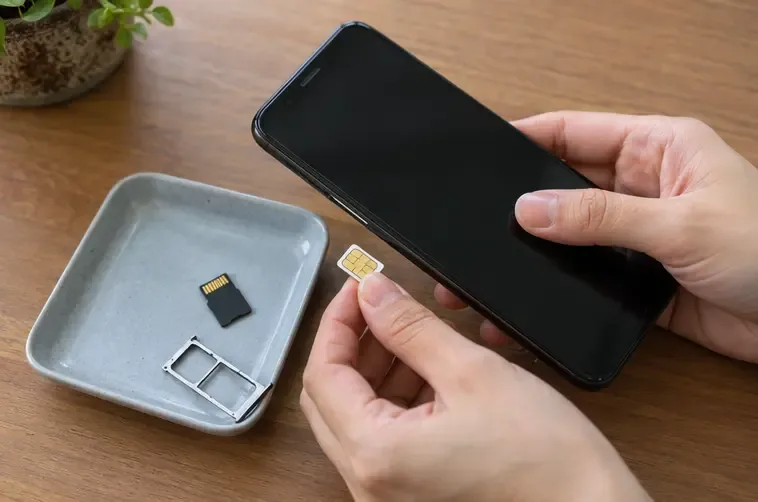 關機後的手機旁放著取出的 SIM 卡、記憶卡與卡托