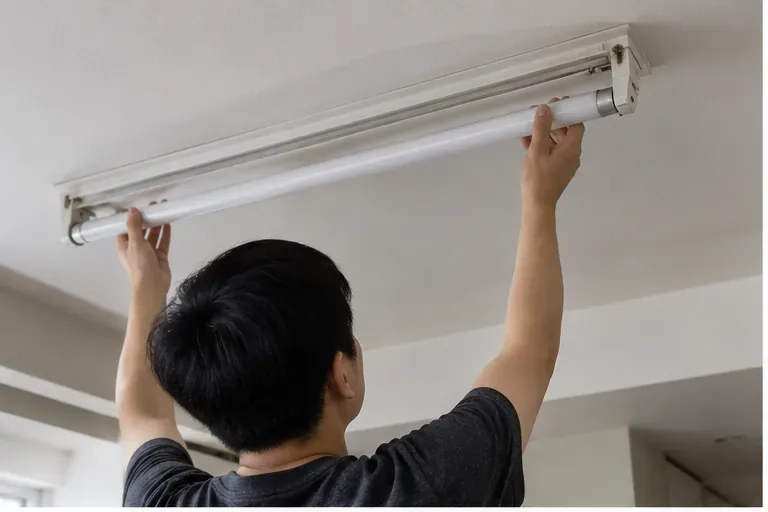住家室內有人以雙手平穩拆下天花板燈具中的直管日光燈管