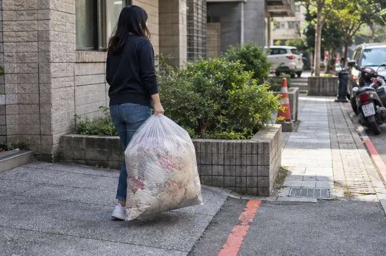 一名女子提著裝好舊棉被的大型透明袋，從住宅走向街邊準備交付清運。
