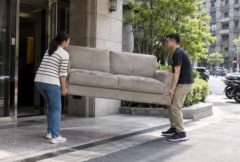 兩人將大型沙發搬出大樓，準備依約定時間移到指定的交付位置。