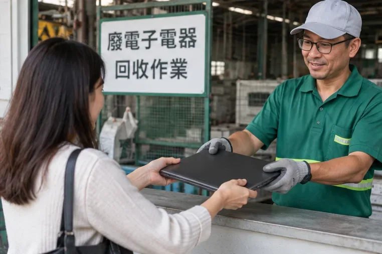 民眾把關閉的筆記型電腦交給戴手套的電子設備回收工作人員