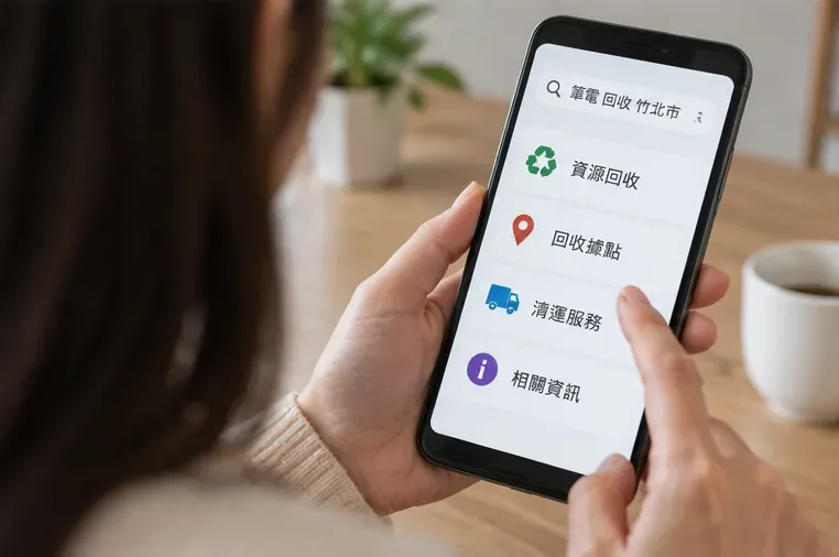 使用者拿手機搜尋竹北市筆電資源回收資訊，畫面列出回收據點與清運相關選項