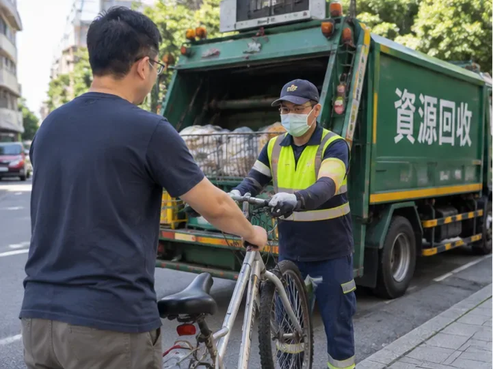 民眾把整台舊腳踏車交給資源回收車旁的清潔人員
