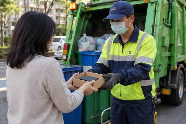 住戶將單獨放置的行動電源交到資源回收車旁工作人員手中