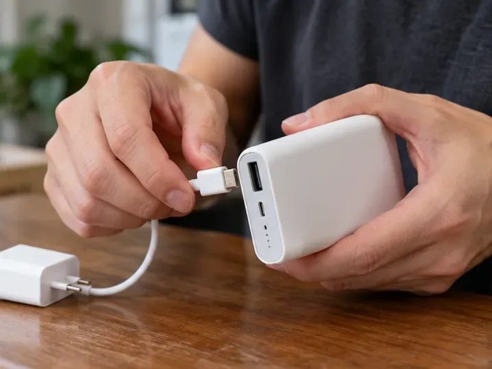 雙手將充電線從白色行動電源拔開，裝置放在木桌上