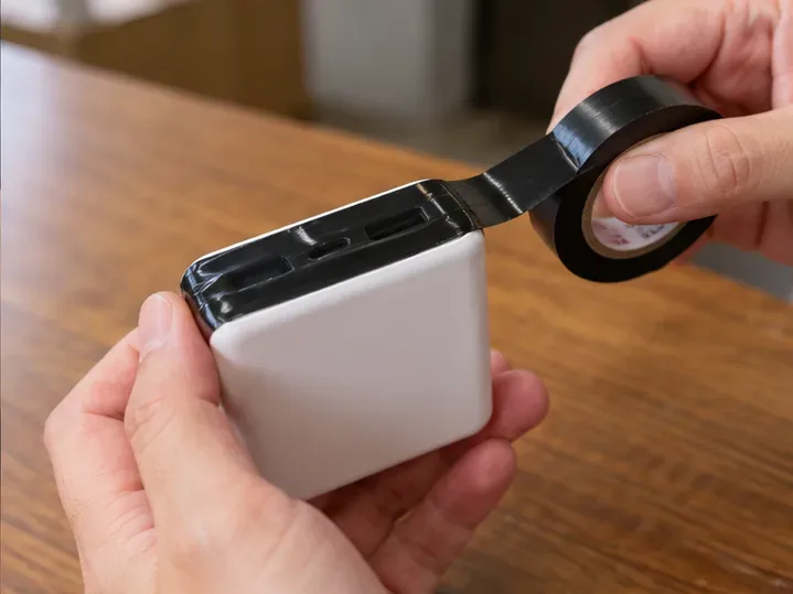 雙手持白色行動電源，黑色絕緣膠帶貼近上方充電埠