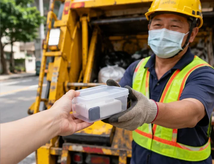 民眾將裝有白色行動電源的小盒子親手交給回收車旁的工作人員