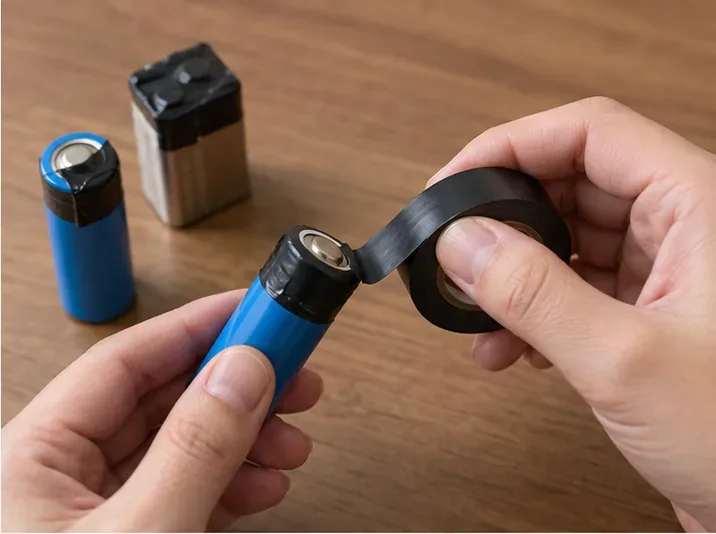 雙手使用黑色絕緣膠帶封住圓柱型鋰電池的金屬端點