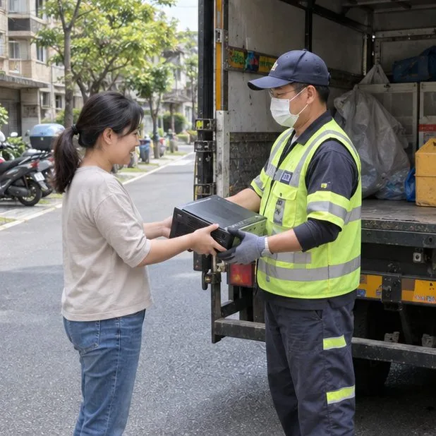 居民在街邊將桌上型電腦主機交給穿反光背心的回收收運人員，旁邊停著收運車