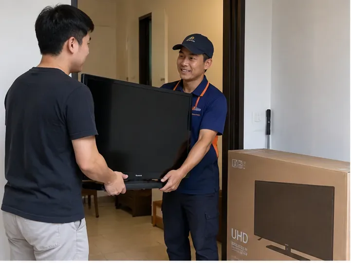 住家內兩人共同搬運舊平面電視，旁邊放著新電視紙箱，示意新機送達時同步交付舊機