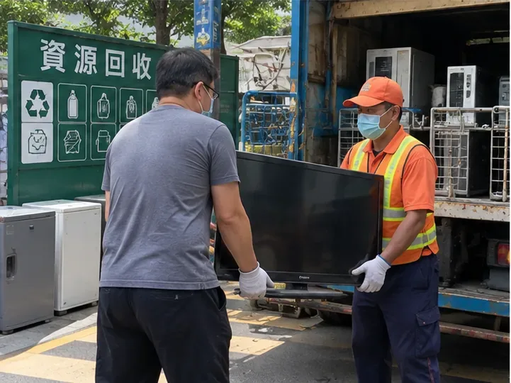 資源回收場所前，工作人員與民眾共同搬運一台平面電視，後方有回收車與資源回收標示
