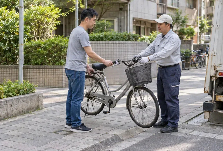 住戶依約定地點將腳踏車交給穿著素色制服的清潔人員
