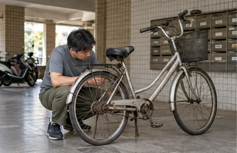 住戶在大樓騎樓檢查一台舊腳踏車的車架與車輪