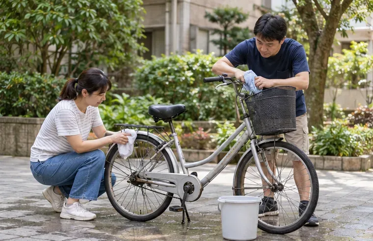 兩位住戶在社區庭院清潔並檢查一台仍完整的腳踏車